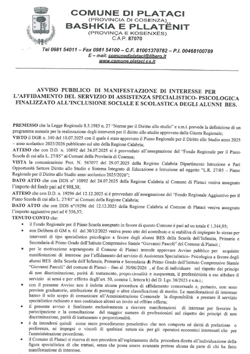 Avviso pubblico di manifestazioni di interesse  per laffidamento del servizio di Assistenza Specialistico Psicologica finalizzato all'inclusione sociale e scolastica degli alunni BES