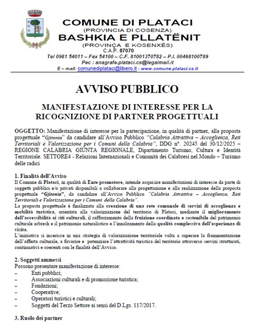 Manifestazione di interesse per la partecipazione, in qualità di partner, alla proposta progettuale "Gjitonia" da candidare allAvviso Pubblico "Calabria Attrattiva - Accoglienza, Reti Territoriali e Valorizzazione per i Comuni della Calabria".