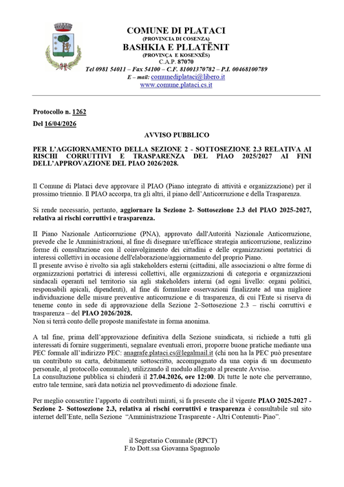 Avviso Pubblico per laggiornamento della sezione 2 - sottosezione 2.3 relativa ai rischi corruttivi e trasparenza del piao 2025/2027 ai fini dellapprovazione del piao 2026/2028.