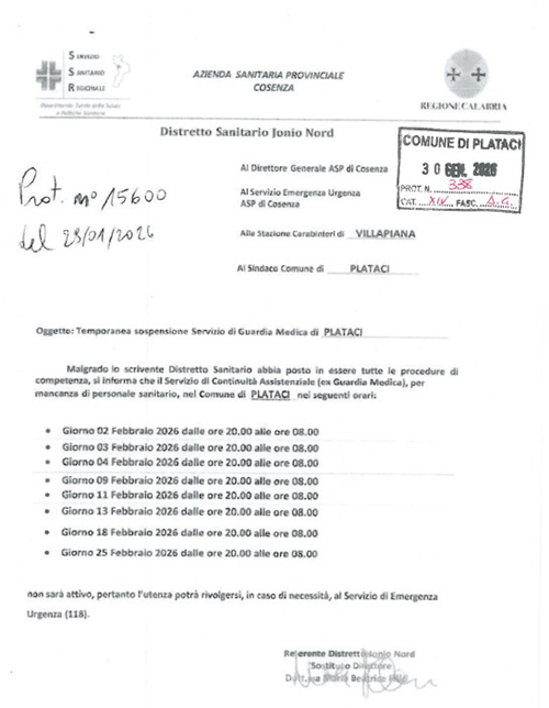 Temporanea Sospensione Servizio di Guardia Medica di PLATACI