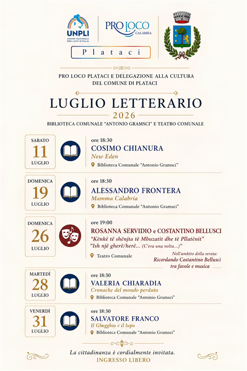 Luglio Letterario 2026: cinque appuntamenti tra libri, cultura e tradizioni a Plataci