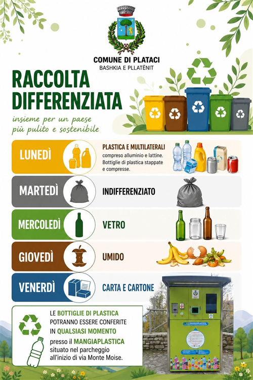 Raccolta Differenziata: riprende il servizio regolare con il nuovo calendario settimanale.
