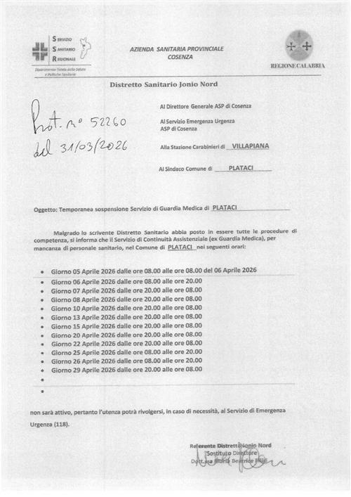 Temporanea sospensione del Servizio di Guardia Medica di Plataci â€“ Aprile 2026